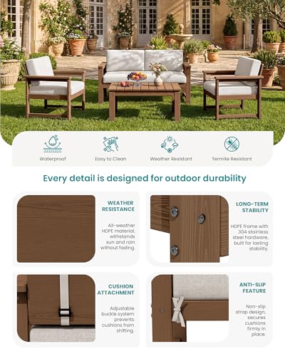 Image of SERWALL 5 Pieces HDPE Outdoor Sofa Set with Cushions, All Weather Couch Conversation Set, Loveseat Social Furniture Chairs with Coffee Table, Brown Frame /Khaki Cushion
