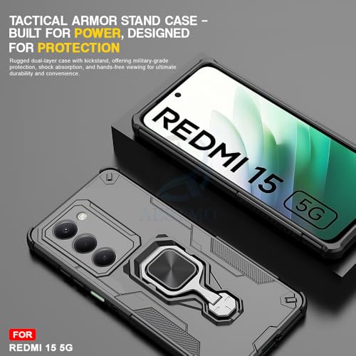 Image of AESTMO Armor Back Cover for Redmi 15 5G | Ring Holder & Kickstand & Camera Protection in-Built | 360 Degree Protection Back Case Cover (Black)