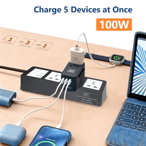 Image of MX GaN 100W Universal Travel Adapter with 3 USB-C Ports & 1 USB-A Port, 5-in-1 International Power Adapter for Worldwide Travel with Auto-Resetting Fuse, Type D /A /C /G /I Output, 200+Countries