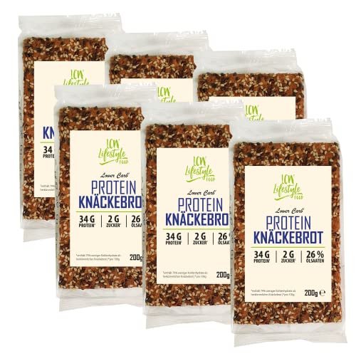Protein Knäckebrot mit 34% Protein | 200g (= 8 Scheiben) | Hoher Proteingehalt | zuckerarm | Lower Carb* | 79% weniger Kohlenhydrate* (6er Pack)