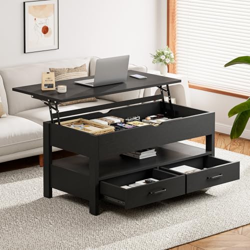 IKIFLY ローテーブル 昇降式 木製 コーヒーテーブル 引き出し付き 収納付き センターテーブル 大容量収納リビングテーブル 高さ調整リフティングローテーブル 簡単開閉 ホンムオフィステーブル リビングルーム オフィス用 在宅勤務 食事一人暮らし 幅90×奥行45×高さ46-59cm (ブラック)