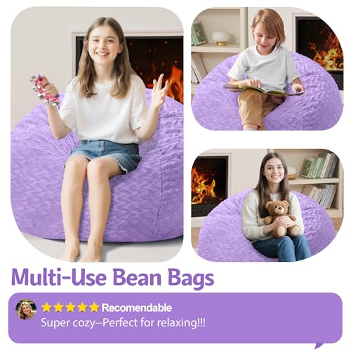 Image of 2FT Bean Bag Chair,Giant Bean Bag Chairs for Adults,Big Bean Bags with Memory Foam Filled, Large Beanbag Chairs with Chevron Plush Cover-Purple