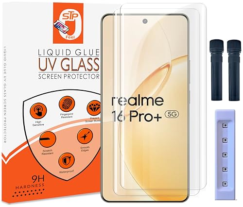 Image of STP FEEL Advanced UV Tempered Glass Screen Protector Guard Compatible For Realme 16 Pro Plus 5G (6.8 Inch, Pack of 2) Full Adhesive UV Curved Case Friendly HD Clarity with easy installation kit