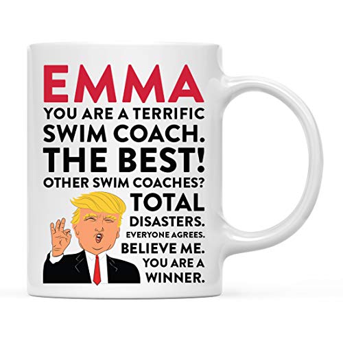 Andaz Press Personalized Funny President Donald Trump 11oz. Coffee Tea Mug Gift, You are a Terrific Swim Coach, 1-Pack, Custom Coworker Friend Him Her, Gift Box