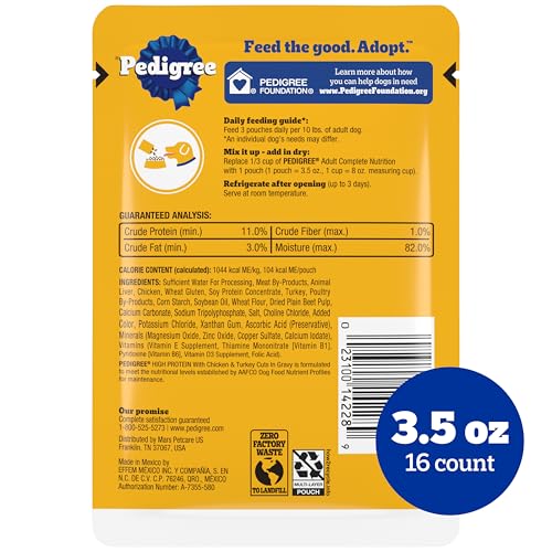 Image of Pedigree High Protein Wet Dog Food Pouch, Chicken & Turkey, 3.5 oz,16 Count