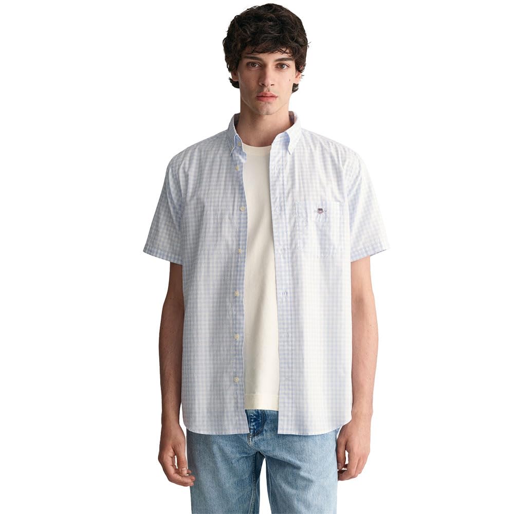 Gant Men's Light Blue Reg Poplin Gingham Ss Shirt, Xxl