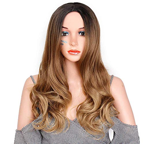 Image of Wig with Bangs Ombre Dark Blonde Wig Long Wavy Wigs for Women Synthetic Wavy Dark Blonde Wigs Heat Resistant Hair Long Wavy Wigs for Daily Party