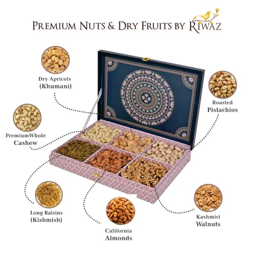 Image of Riwaz Luxury Matt Natural Dry Fruit Gift Box | Premium Hamper with Almonds, Cashews, Pistachios, Walnuts, Raisins & Khumani | 6-Section Gourmet Assortment for Corporate, Wedding & Festive Gifting ( 650g )