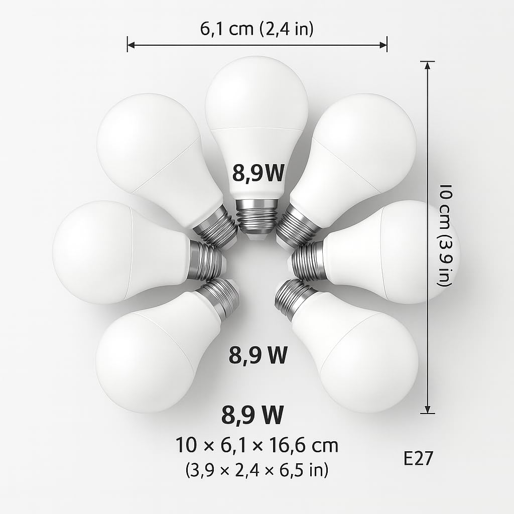Juego de 6 bombillas LED tipo gota E27 – 8,5 W – Blanco cálido – 10 x 6,1 x 16,6 cm – Ahorro energético A++ – Larga duración – Ideal para casa, oficina y lámparas