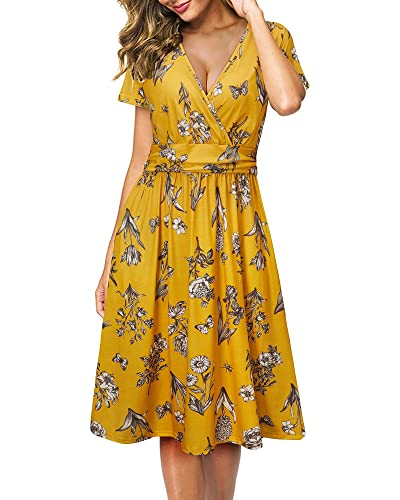 Image of Newshows Women's Pockets Wrap V Neck Floral Summer Vacation Casual Sundress | Wrinkle Free, Stretchy, Summer Beach Floral Sundress 2026, Casual Dress for Vacation, Guaduation, Side Pockets, A-line