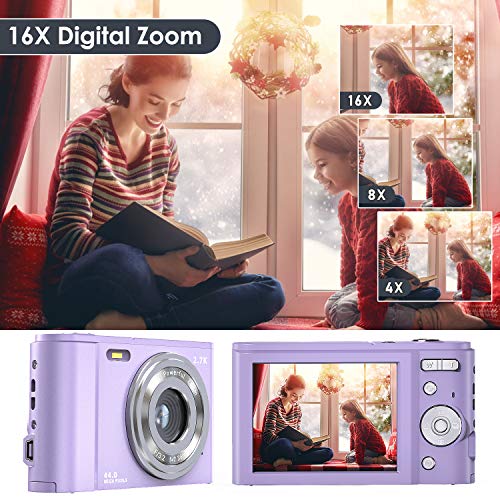 Digital Camera, FamBrow 2.7K Ultra HD 44 MP Vlogging Camera with 16X Digital Zoom,Point & Shoot Digital Camera with 2.88\" LCD Screen Compact Portable Mini Camera for Beginner,Teens, Kids (Purple)