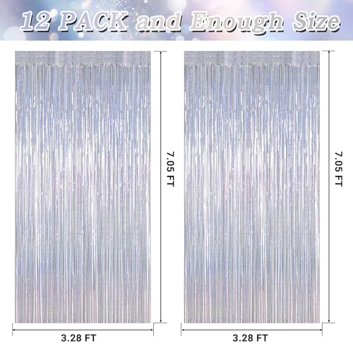 Image of ZATAYE 12 Pack Glitter Silver New Years Eve Foil Curtain Decorations | Glitter Silver, Metallic Foil, 3.28 x 7.05 FT, Tinsel Backdrop, Foil Curtain Streamer, New Years Eve Party
