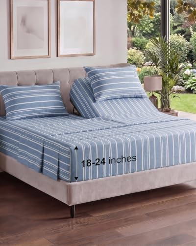 Image of Flex Top Split Head King Sheet Set - 4 Piece Extra Deep - Blue Stripes 3