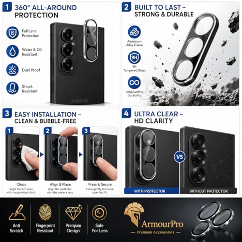 Image of ArmourPro Tempered Glass and Black Camera Lens Protector for Samsung Galaxy Z Fold 6, Edge to Edge Screen Guard, Anti-Bubble, Scratch Resistant, HD Clear, Anti-Fingerprint, Installation Kit | Black