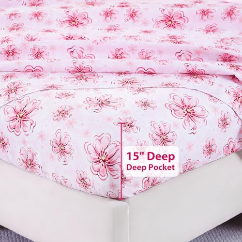 Image of Softan Pink Floral Queen Sheet Set, Cozy Printed Microfiber Bed Fitted Sheets with 15 inch Deep Pocket & Non-Slip Corner Straps, Cherry Blossom Watercolor Flower Patterned Sheets & Pillowcase Set