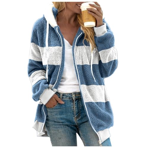 Fuzzy Fleece Jackets for Women Plus Size Hoodies Fall Winter Coats Color Block Patchwork Cardigan Coat with Pockets