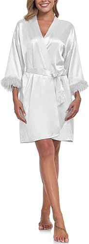 Bata tipo kimono de satén para mujer, bata sedosa para novia, dama de honor, boda, fiesta, ropa de dormir, bata de baño suave con ribete de plumas