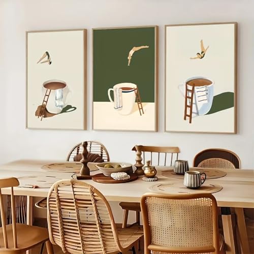 Plongeur de café en impression d'art amusante : triptyque créatif sans cadre pour chambre