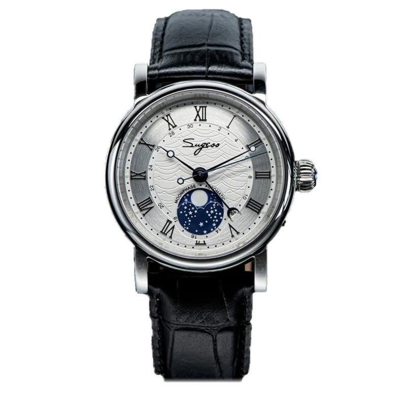 Seestern Sugess SU2108SZ Fase Lunare Meccanico Acciaio Pelle Nero Bianco Zaffiro Orologio Uomo