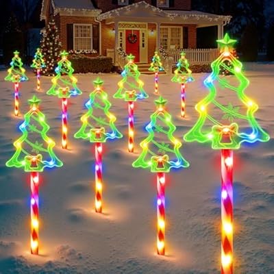 WdtPro Solar Christmas Pathway Lights Outdoor Decorations, 10 Pack Xmas Tree Candy Lights for Yard Walkway Lawn Porch, 10 Modes Led Waterproof Garden Patio Stake Lights Holiday Decor