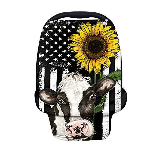 Image of HUIACONG Baby Car Seat Covers for Girls Sunflower Cow Infant Carseat Cover Canopy Babies Boys American Flag Stripe Nursing Cover for Breastfeeding Scarf Breathable