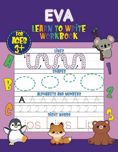 Eva Learn to Write Workbook - Lines, Shapes, Alphabets, Numbers, and Sight Words: Personalized Children Letter Tracing Workbook for Ages 3-5, ... with Colorful Pictures and Example Words image 2