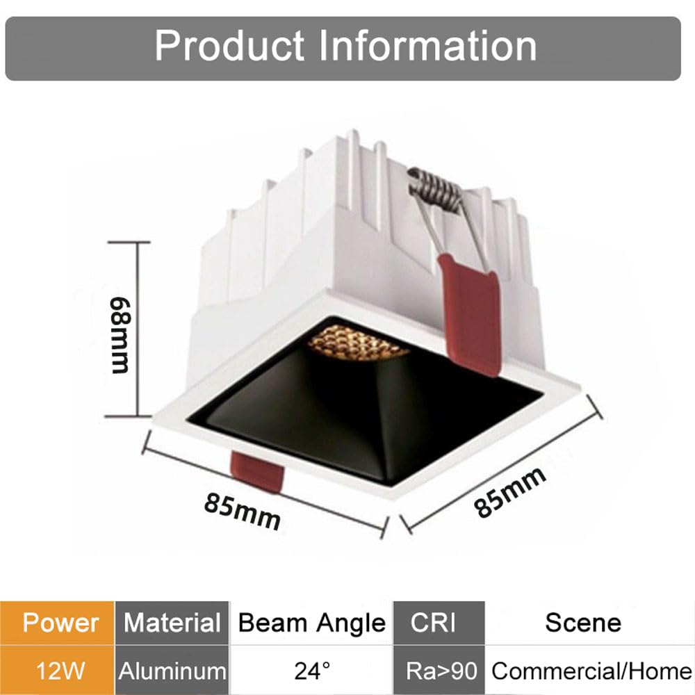 Paquete De 12 Focos Empotrables Led De Tres Colores con Atenuación, para Interiores, De 12 W, con Rejilla De Panal, Iluminación Empotrada Cuadrada, COB CRI 90+ para Sala