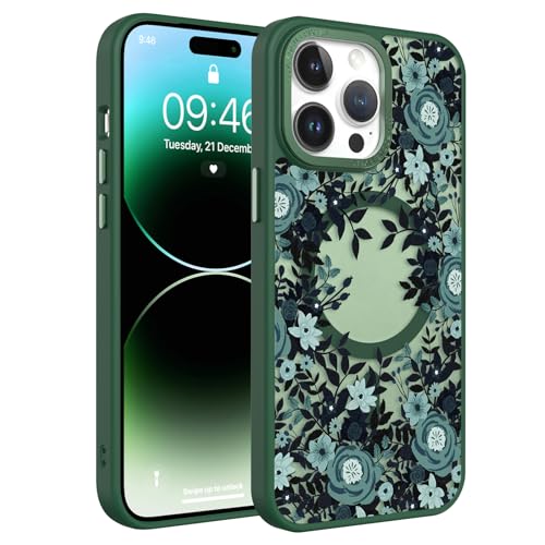 Image of Magnetic for iPhone 14 Pro Max Case with for Women, Green Flower | Pretty Floral Pattern Design [Compatible with MagSafe] Shockproof Slim Translucent Matte Non-Slip Protective Cover