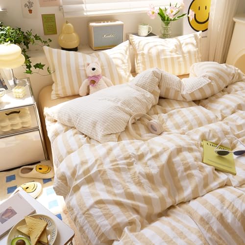 Image of EAVD Beige Striped Duvet Cover Queen Soft Washed Microfiber Striped Reversible Bedding Set with 2 Pillowcases Modern Farmhouse Geometric Pattern Duvet Cover with Zipper Closure