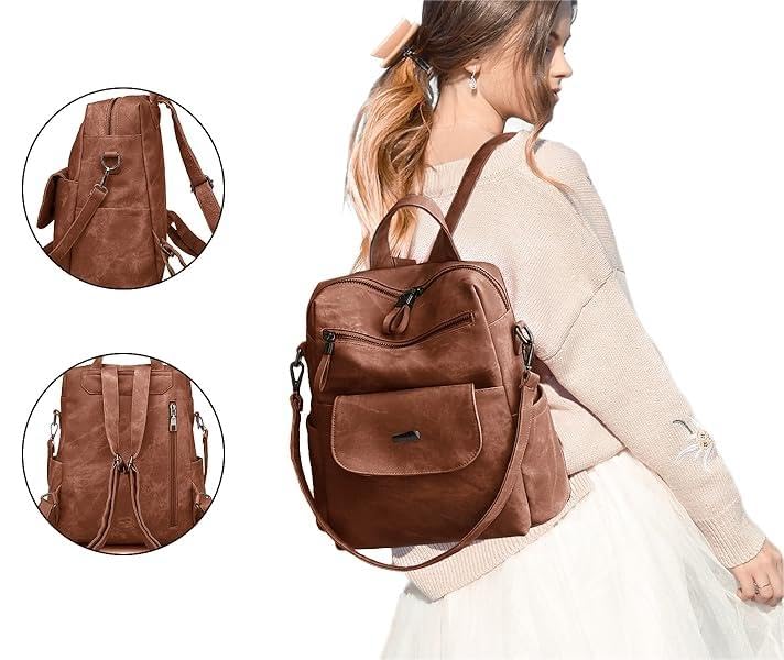 BOHJPIS Rucksack Damen Wasserdicht Leichtgewicht PU Mode Reisen Mehrzweck Umhängetasche Handtasche schulrucksack (Braun)