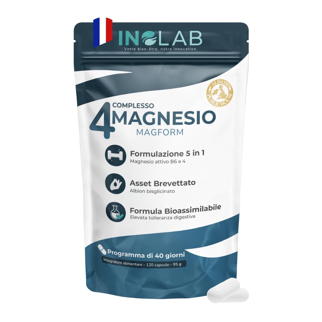 INOLAB Magnesio Completo 1980mg + B6 | 4 Forme Sinergiche: Magnesio Bisglicinato, Malato, Vegetale, Taurina Chelata | Alta Assimilazione e Tolleranza | 120 Capsule Senza Magnesio Marino