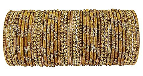 Image of NMII Glass and Silk Thread Zircon Gemstone Bangle Set For Women /Girls, Pack Of 40 Bangles (2.4 Inch, Golden)