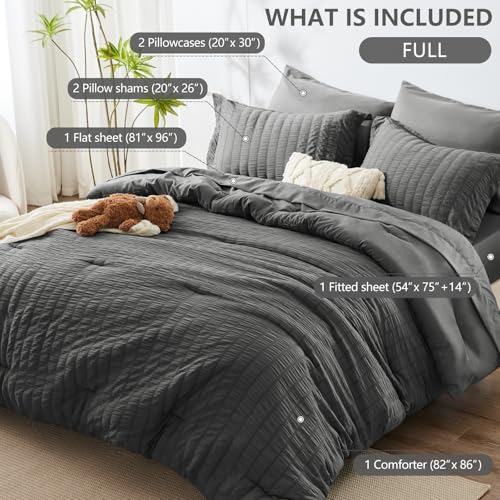 Image of HIMEET Full Size Comforter Sets - 7 Pieces Seersucker Bed in a Bag, Boho Bedding Sets for Bedroom Decor, All Season Home Essential Bed Set with Comforter, Sheets, Pillowcases & Shams, Dark Grey