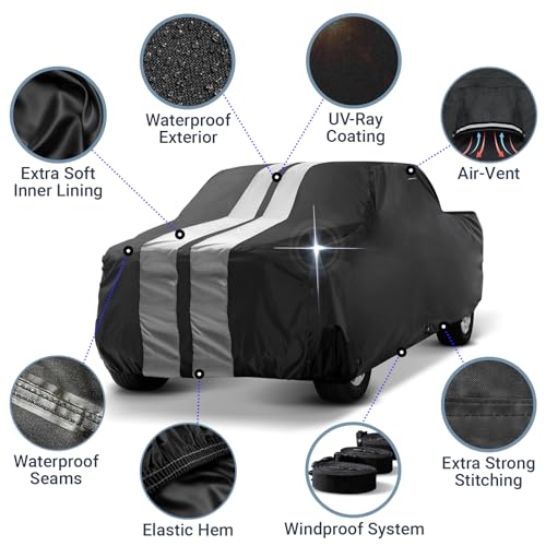 Image of iCarCover Premium Truck Cover for 1973-1986 Ford F-250, F-350 Crew Cab, 6.5 ft. Short Bed Heavy Duty Waterproof All Weather Automobiles Full Exterior Snow Rain Protection Covers (Stripe - Black /Gray)