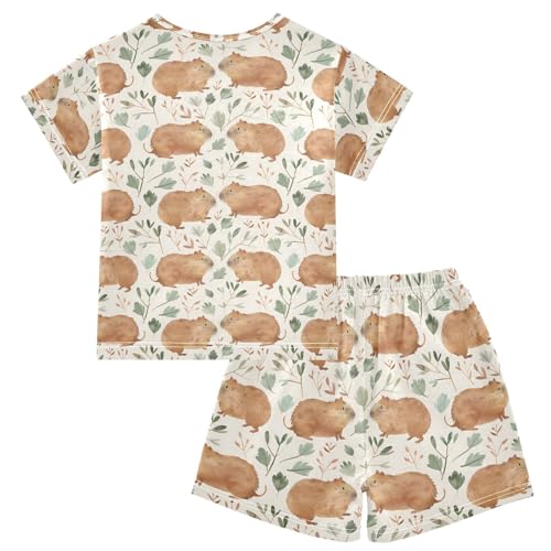 ALAZA Retro Capybara Leaf Pajamas Short Sleeve 2 Piece Sleepwear Top and Bottom Pajama Set Unisex2