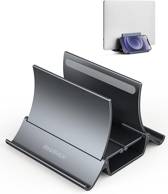 Vertical Laptop Stand Holder, MOMAX Gravity Auto Locking Holder Storage Dock, Space Saving for Desk Organizer, Fits All MacBook, iPad, Surface, Dell, Chromebook, Gaming Laptops (Up to 17.3 inches)