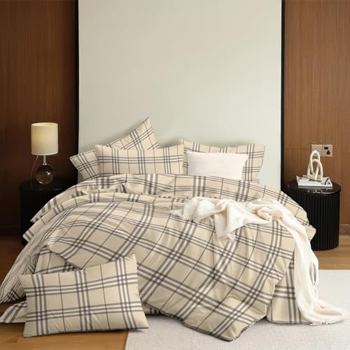 Image of Nayoroom Plaid Duvet Cover Queen Size Vintage Tan Cream Gingham Checkered Duvet Cover Dorm Bedding Set 3 Pieces Soft Lightweight Microfiber Farmhouse Bedding Set Gifts for Women Men
