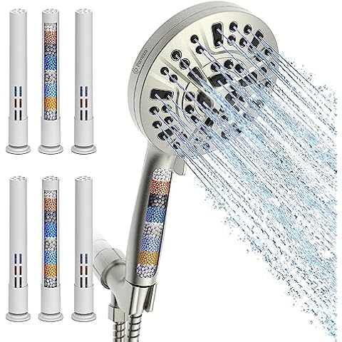Pavezo Brushed Nickel Shower Head & 6 Replacement Filters, 10-Setting 6-Zone Powerhead with Self-Clean Anti-Clog Nozzles Cover