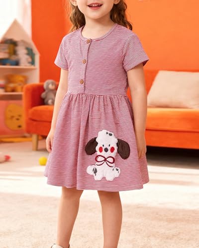 Image of Girls Cotton Long Sleeve Casual Cartoon Appliques Striped Jersey Dresses
