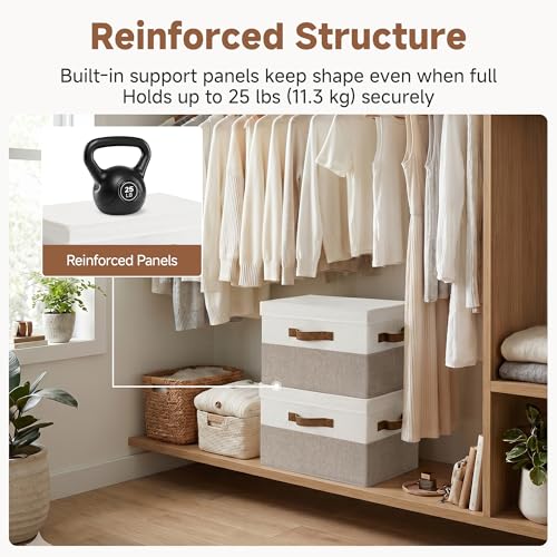 Image of StorageWorks Fabric Storage Bins with Lid, Decorative Storage Boxes for Shelves, Stackable Closet Organizer Basket with Handles, Large, Brown and White, 2-Pack