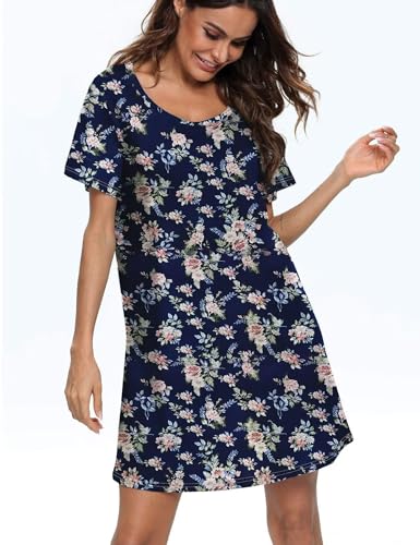 Image of ENJOYNIGHT Womens Cotton Nightgown Short Sleeve Sleepshirt Print Nightshirt | Short-Sleeve Crew Neck, Soft Cotton Fabric, Cartoon Printed Sleep Shirt, Loose Fit