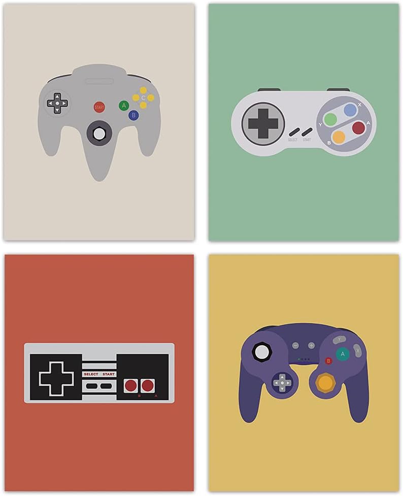 HUYAW Colorful Retro Video Game Controller Gamer Wall Art Prints Set of 4, Gamer Posters Gifts for Men Teen Boys Game Room Home Bedroom Wall Art Decor (8 x 10 Unframed)