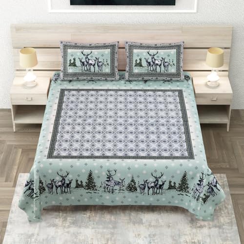 Image of 240 TC 100% Cotton Bedsheet for Double Bed King Size with 2 Pillow Covers | Breathable & Super Soft Rajasthani Sanganeri Jaipuri Printed Bed Sheet -108 * 108 Inches (Deer 2)