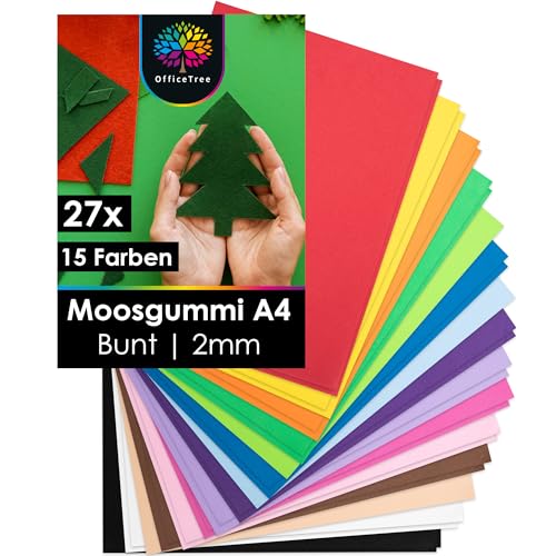 OfficeTree 27x Bögen Moosgummi 2mm - 15 Farben - Moosgummi Platten A4 nicht selbstklebend - Schaumgummi Basteln - Schaumstoff zum Basteln - Moosgummi A4 für DIY Bastelarbeiten