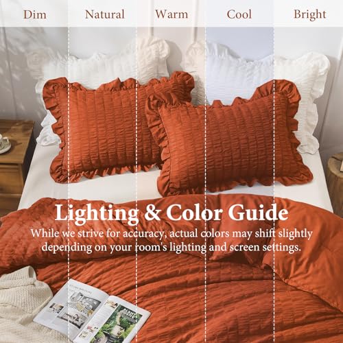 Image of JOLLYVOGUE Burnt Orange Comforter Full Size, 3 Pieces Seersucker Lightweight Full Size Bedding, All Season Fluffy Microfiber Bedding Comforter Set with 1 Ruffle Comforter and 2 Ruffle Pillowshams