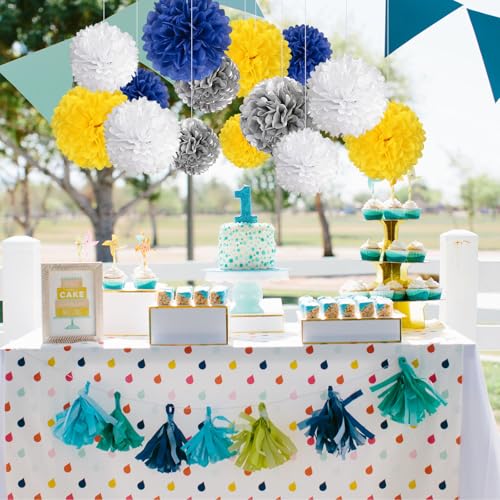 Image of 20 PCS Tissue Paper Pom Poms, Tissue Pom Poms Flowers, Sizes of 6 inch, 10 inch, 12 inch, 14 inch Hanging Paper Flower Ball for Wedding, Birthday, Graduation, Baby Shower Party Decor (Yellow White Silver Blue)