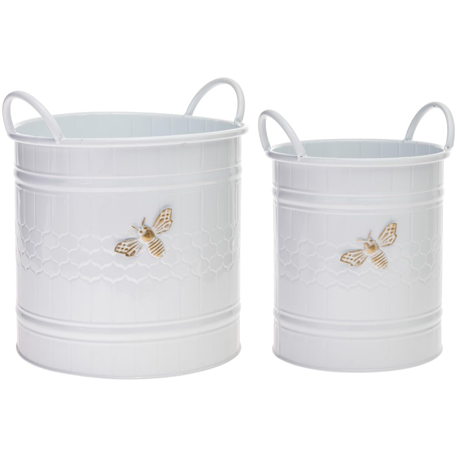 Boston International White Round Metal Planter Buckets with Handles, Set of 2, Bee
