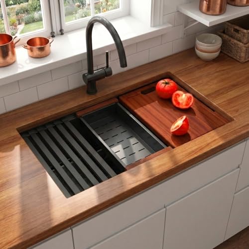 Image of LQS Undermount Kitchen Sink 32 x 18, Large Black Undermount Kitchen Sink, Deep Single Bowl Sinks, Top-Grade 16 Gauage Stainless Steel Nano PVD Material with Round Corner and X-Shape Drain Line