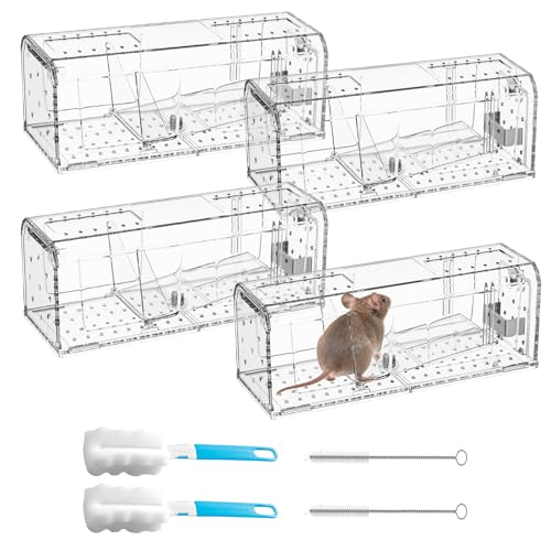 4 Pack Humane Mouse Trap for Indoor Outdoor, Catch and Release Mouse Traps, Mice Trap No Kill for Small Rat Rodent, Reusable & Easy to Use Mousetrap Catcher Small Capture Cage with Cleaning Brush