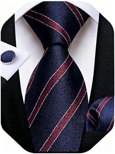 Image of DiBanGu Striped Tie Set for Men Silk Woven Plaid Necktie and Pocket Square Cufflinks Business Wedding